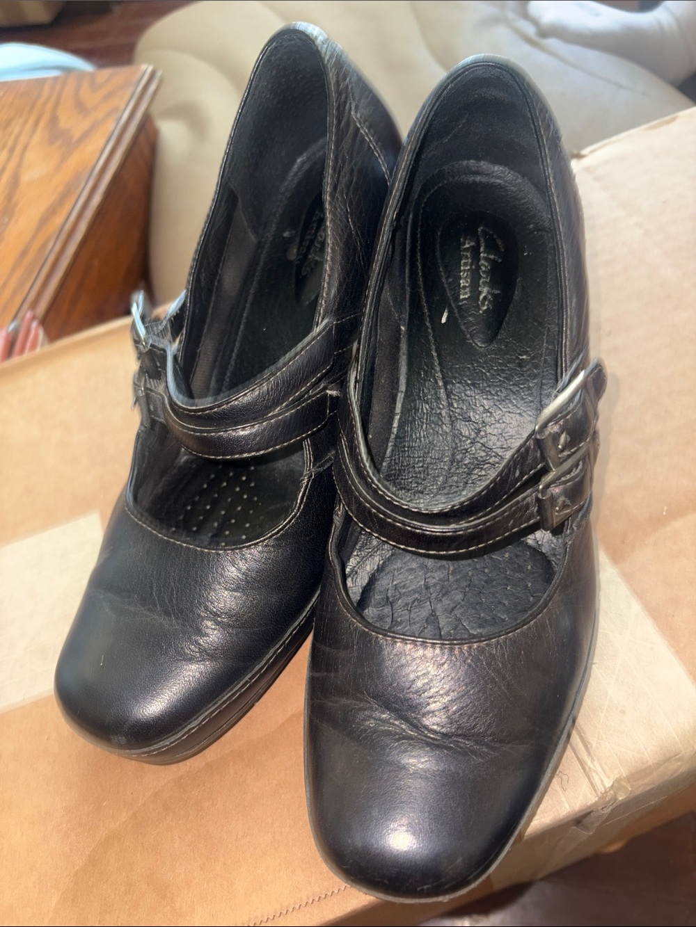 Clarks Black Leather Mary Jane Flats with Strap